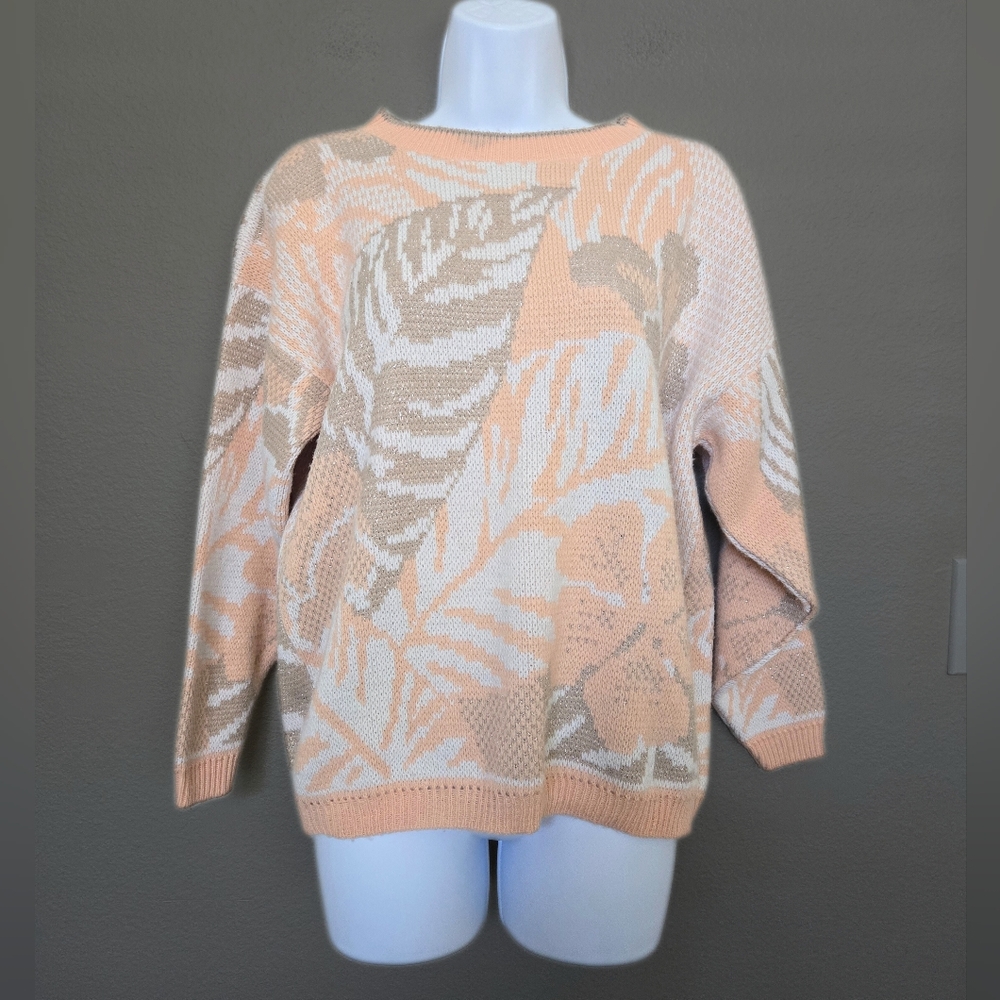 Vintage 90s Arielle Peach Floral Knit Sweater Size Small